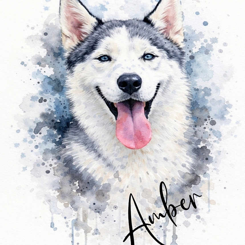 Amber a rejoint le concours — aidez-le/la à gagner de superbes lots ! animal, art, background, blue_eyes, canine, dog, drips, ears, fur, happy, husky, name, painting, pet, portrait, signature, smile, splashes, tongue, watercolor