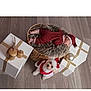 baby, basket, dog, holiday, christmas, gift_box, wooden_floor, red_clothing, santa_hat, furry_blanket, festive, sleeping, pet, small_dog, indoors, cute, decorations, holiday_outfit, lying_down, present