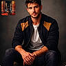 animal, beard, brick_wall, brown_hair, casual_clothing, corridor, dark_background, dog, hands, indoor, inset_photo, jacket, jeans, man, pet, photography, portrait, seated, watch, young_adult