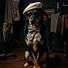 accessories, atelier, beret, bow_tie, crossed_paws, dark_background, decor, dog, elegant, fabric, fashion, indoor, mannequin, portrait, sewing_machine, sitting, sunglasses, tailoring_tools, vintage, wooden_floor