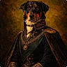 artistic, black_fur, brown_fur, cape, chain, classic, coat, costume, dog, formal, historical, medallion, military_uniform, noble, painting_style, portrait, regal, textured_background, vintage_style, white_fur