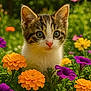 kitten, cat, flower, garden, orange_flower, purple_flower, greenery, nature, outdoor, cute, pet, animal, curious, young, fur, whiskers, closeup, spring, colorful, bright