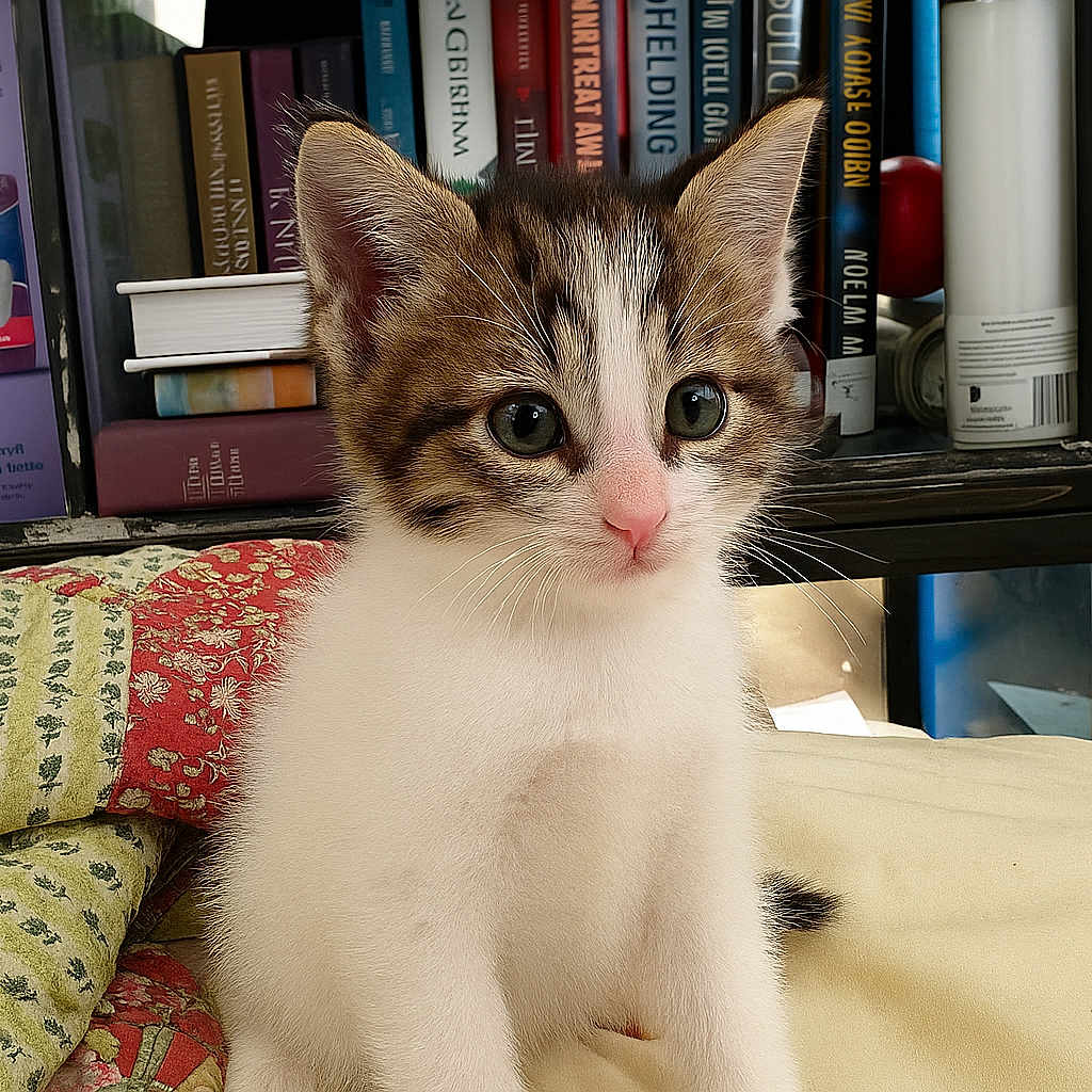 Pharah is registered to the contest to win money with this photo: animal, blanket, books, bookshelf, cat, cozy, curious, cute, ears, eyes, feline, fur, home, indoor, kitten, nose, pet, quilt, whiskers, young