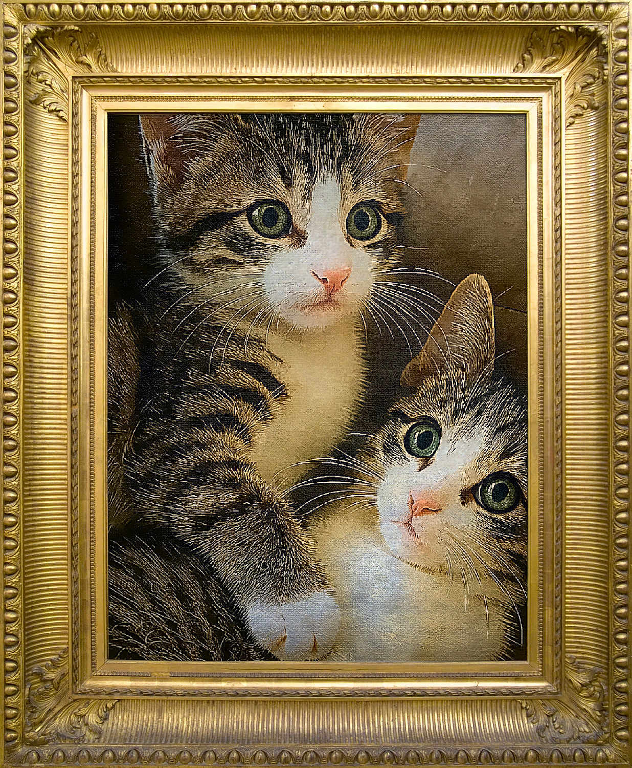 Foxglove And Patunia joined the competition — help win amazing prizes! animal_portrait, artwork, cat, close_up, cute, decor, domestic_cat, feline, frame, fur, golden_frame, green_eyes, painting, pet, portrait, tabby_cat, two_cats, vintage_style, wall_art, whiskers