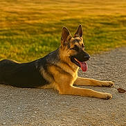 Khan Von Diesel joined the competition — help win amazing prizes! animal, canine, daylight, dog, domestic_animal, ears_up, field, fur, german_shepherd, golden_hour, grass, happy, lying_down, mammal, nature, outdoor, path, pet, sunlight, tongue_out