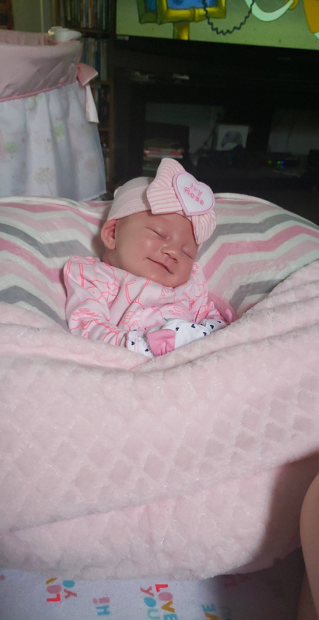 Ivy Rose Monhart joined the competition — help win amazing prizes! baby, baby_products, bedtime, birth, cheek, child, furniture, headwear, infant_bed, linens, nap, person, pink, product, skin, sleep, textile, toddler