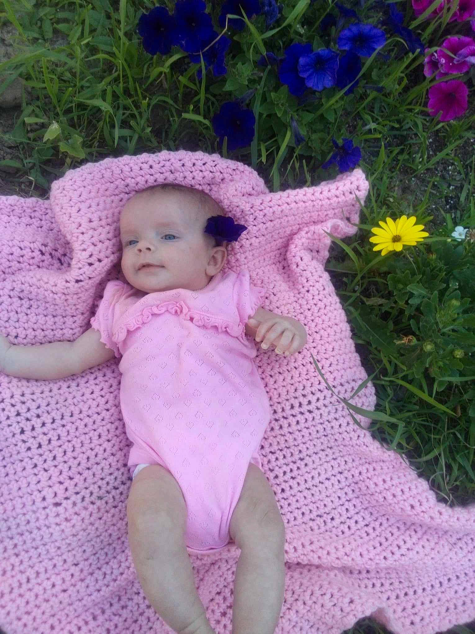 Novarose joined the competition — help win amazing prizes! baby, baby_toddler_clothing, blue, child, dress, face, flower, grass, headgear, iris, people_in_nature, person, petal, pink, plant, purple, skin, summer, textile, toddler