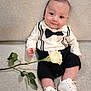 Leo joined the competition — help win amazing prizes! baby, infant, smile, bow_tie, rose, white_shoes, couch, portrait, adorable, sitting, onesie, formal_outfit, flower, legs, sneakers, looking_at_camera, soft_texture, beige_background, indoor, cute