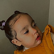 Zylah is registered to the contest to win money with this photo: baby, child, closeup, curly_hair, cute, expression, face, hair, hair_ties, indoors, looking_away, mustard, person, pigtails, portrait, skin, soft_light, toddler, yellow_clothing, young_child