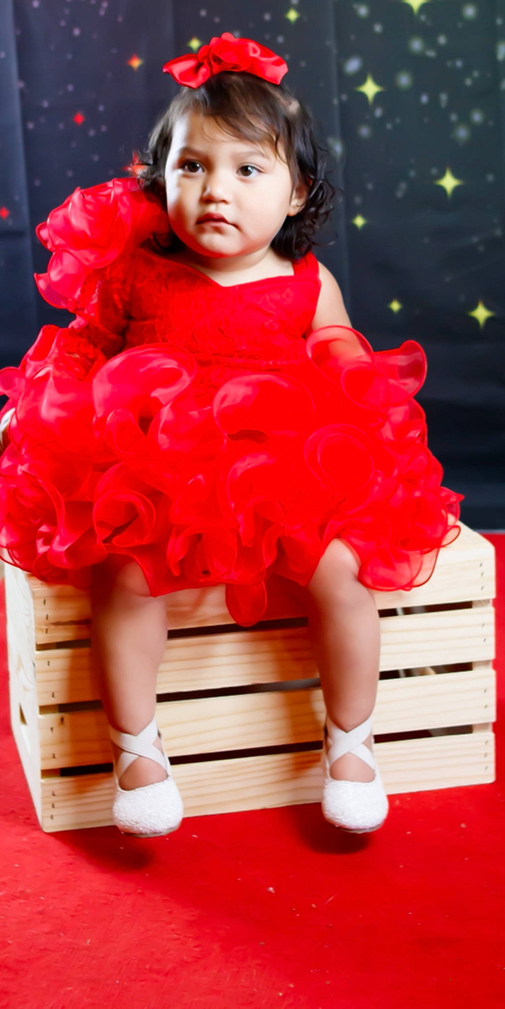 Emiliana joined the competition — help win amazing prizes! baby_toddler_clothing, day_dress, dress, flash_photography, flooring, hair, happy, human_leg, knee, leg, lip, one_piece_garment, person, petal, pink, red, shoe, standing, thigh, toddler