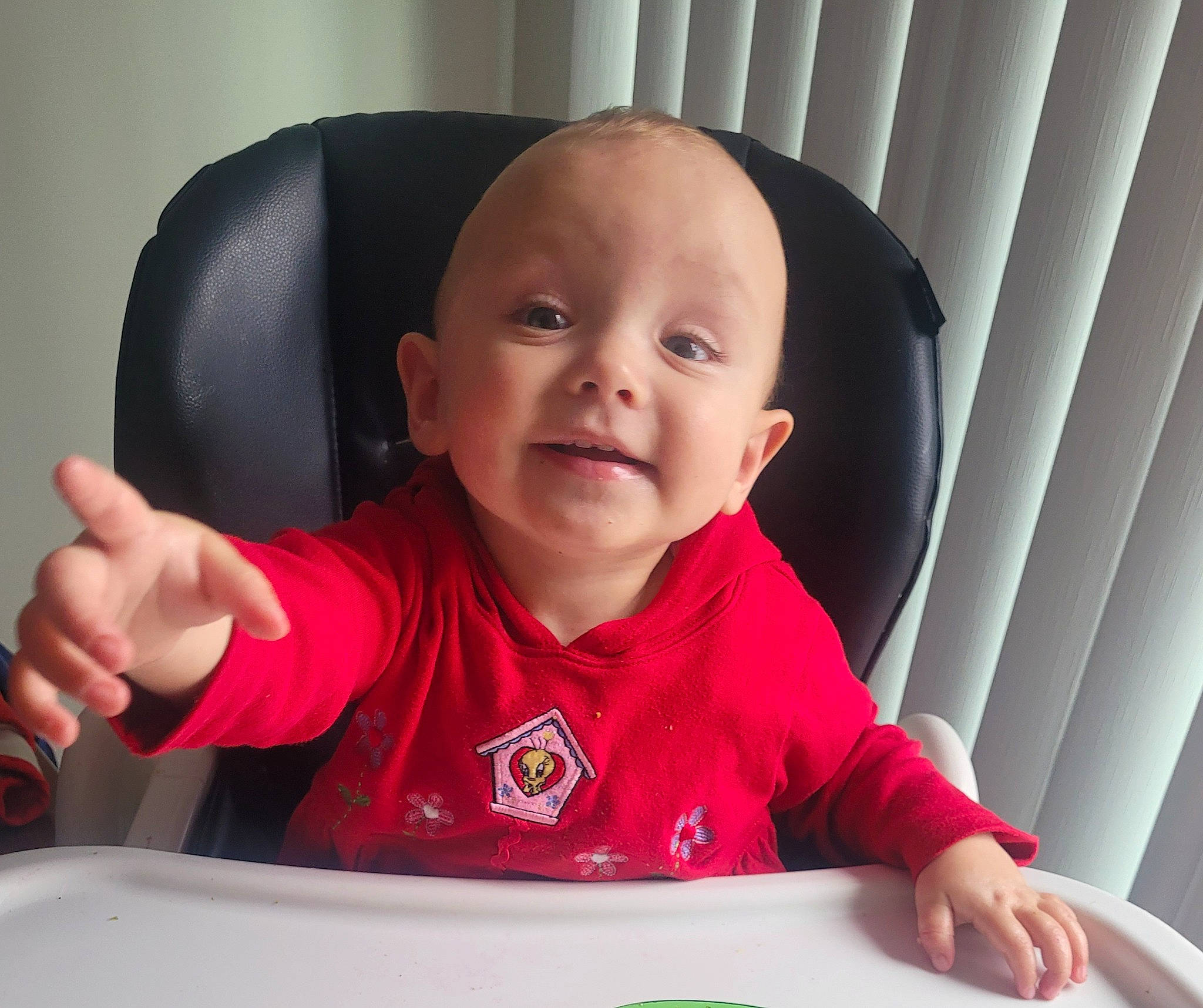 Mia joined the competition — help win amazing prizes! arm, baby, baby_toddler_clothing, carmine, cheek, child, chin, comfort, finger, gesture, happy, mouth, person, product, sitting, sleeve, smile, t_shirt, table, tableware