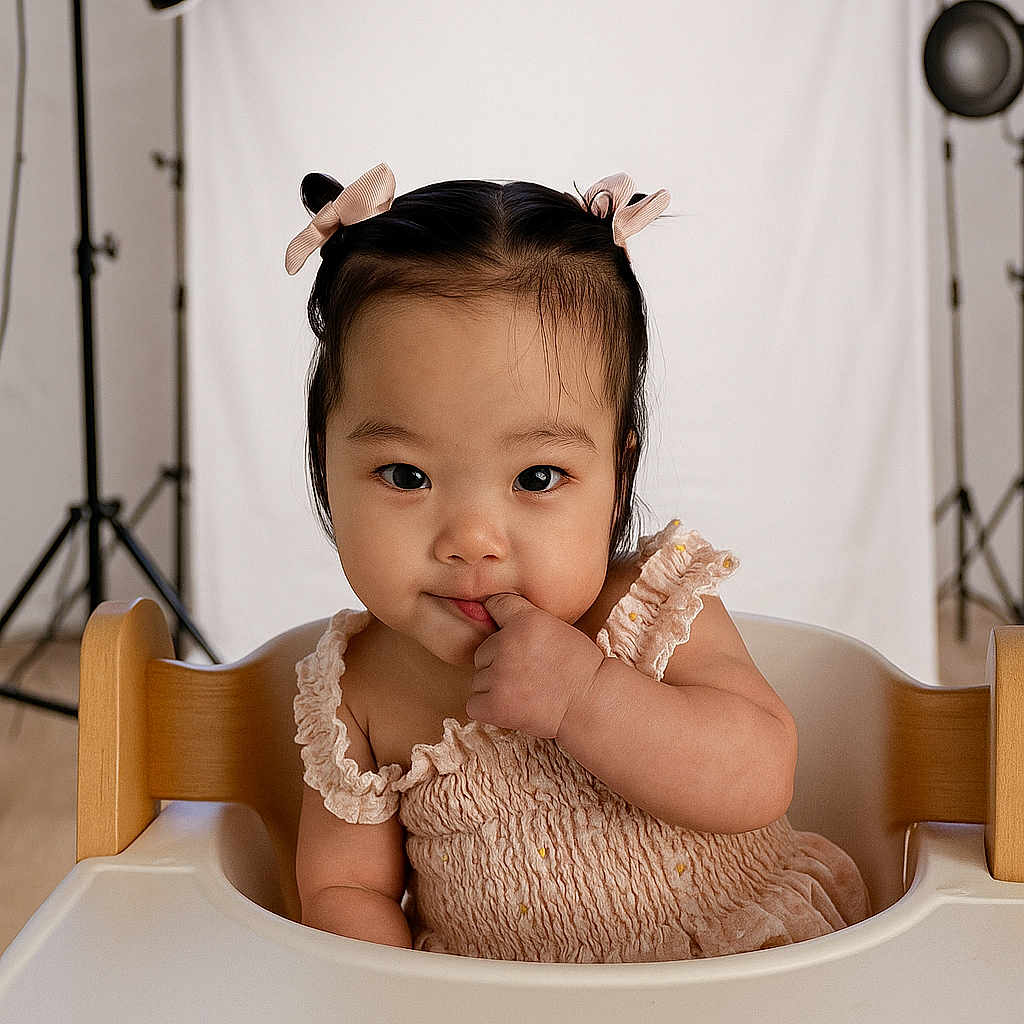 Faye is registered to the contest to win money with this photo: baby, background, bows, child, clothing, cute, dress, expression, finger_in_mouth, girl, high_chair, indoor, infant, lighting, photography, pigtails, portrait, smiling, studio, young