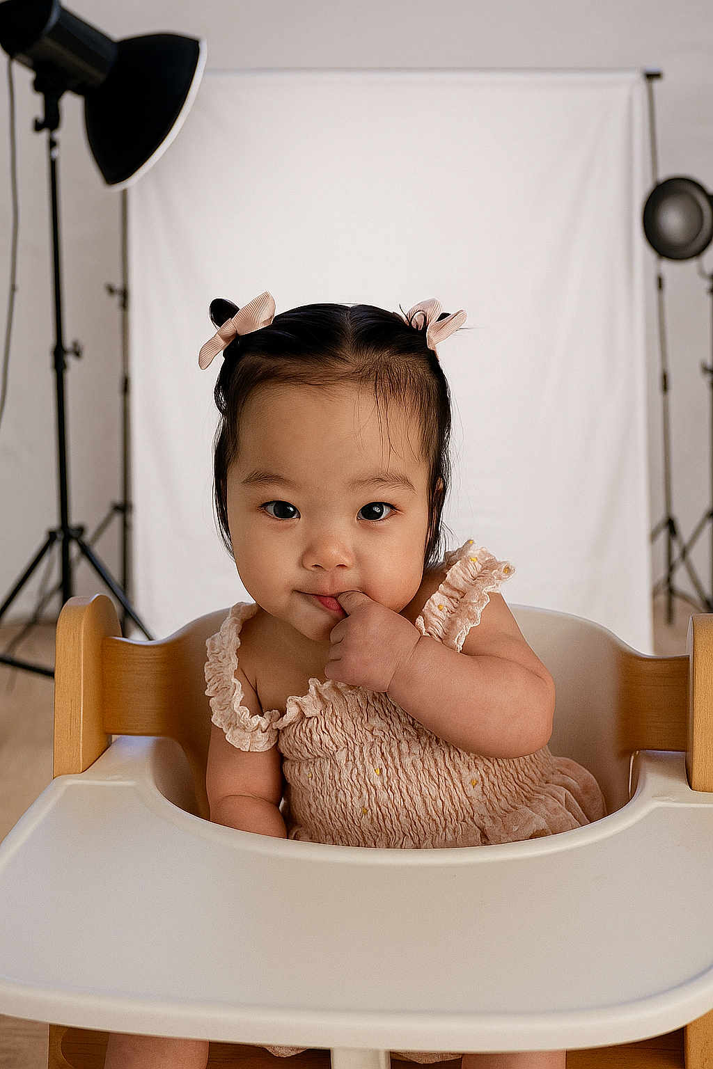 Faye is registered to the contest to win money with this photo: baby, child, high_chair, studio, portrait, pigtails, bows, finger_in_mouth, cute, infant, girl, smiling, clothing, dress, photography, indoor, lighting, background, expression, young