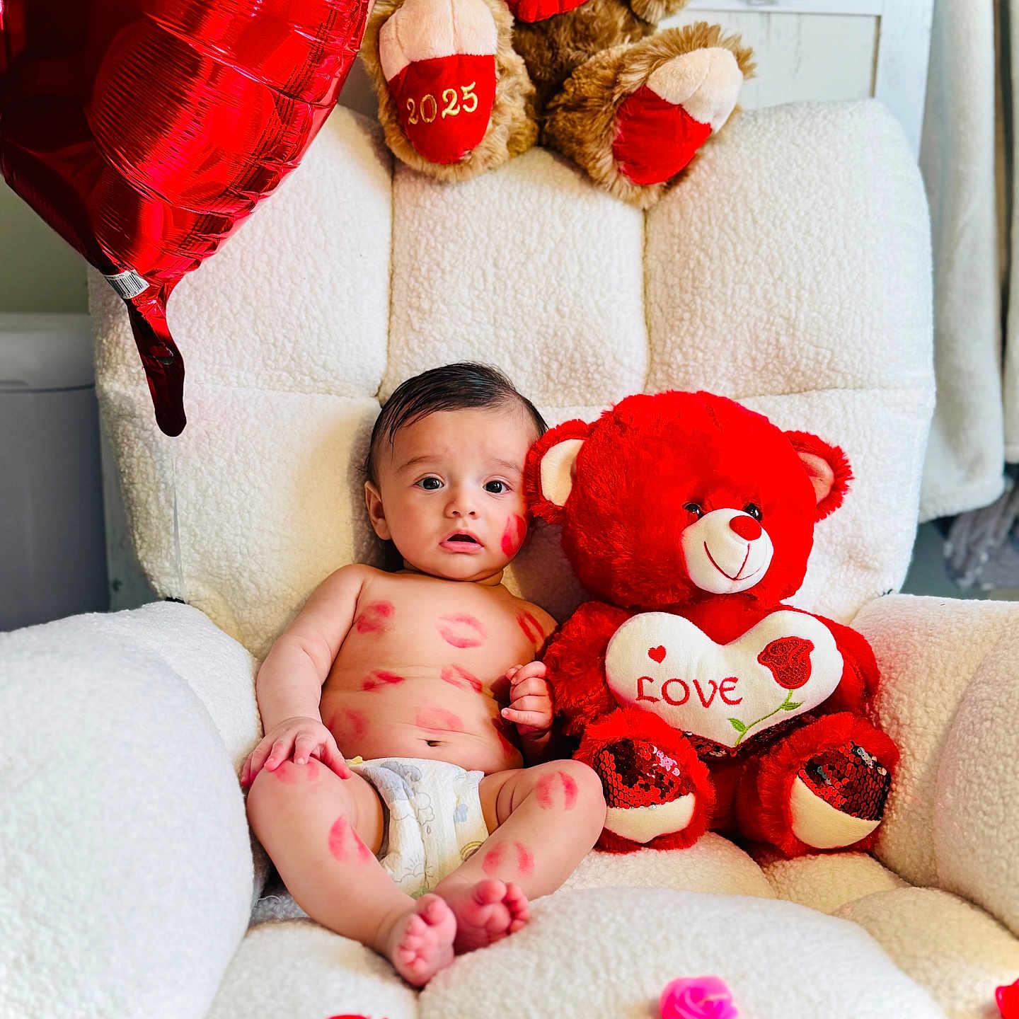 Alyan joined the competition — help win amazing prizes! baby, celebration, cute, decorations, diaper, heart_balloon, holiday, indoor, infant, lipstick_kisses, love, plush_toy, portrait, red, rose_petals, sitting, soft_texture, teddy_bear, valentines_day, white_chair
