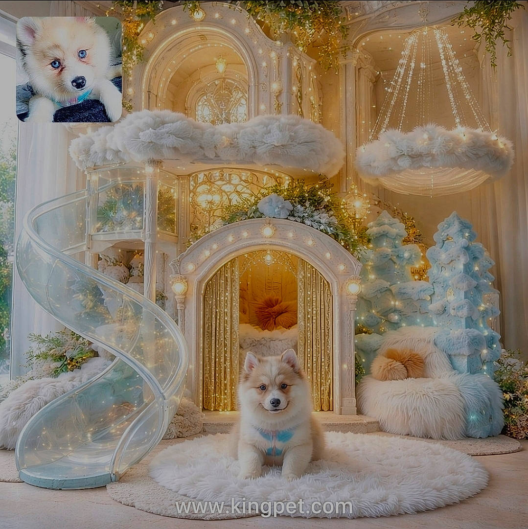 Harley Quinn is registered to the contest to win money with this photo: arch, blue_eyes, bow, carpet, cushion, cute, decor, dog, fairy_lights, fluffy, furniture, indoor, luxury, ornaments, pet, plants, plush, puppy, room, slide