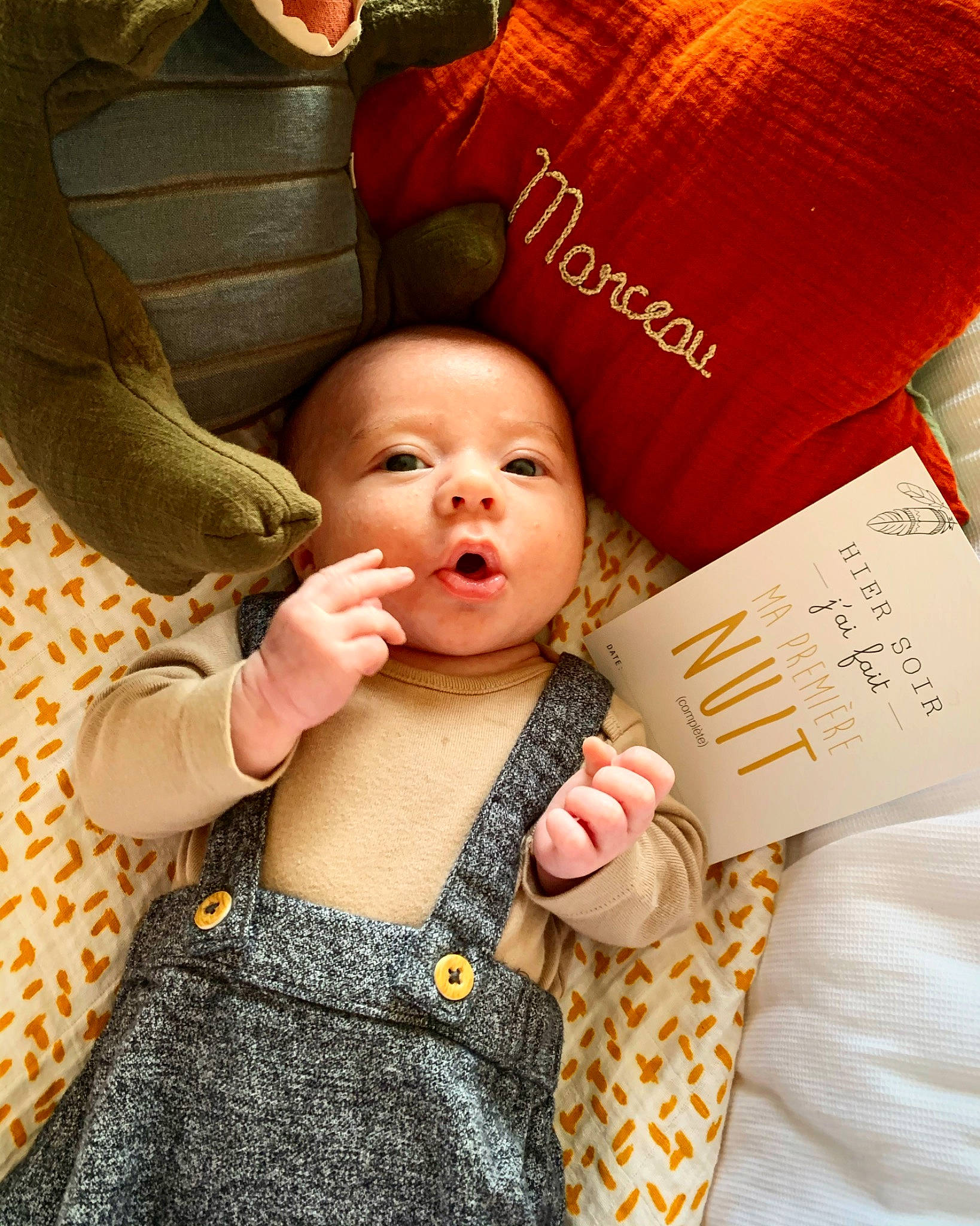 Marceau a rejoint le concours — aidez-le/la à gagner de superbes lots ! baby, baby_products, baby_toddler_clothing, cheek, child, finger, fun, gesture, happy, mouth, nail, pattern, person, sitting, sleeve, thumb, toddler