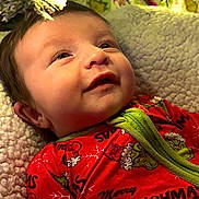 Baker joined the competition — help win amazing prizes! baby, infant, christmas, holiday, grinch, onesie, red_clothing, smile, face, eyes, blanket, soft_texture, pine_branches, snow_effect, lights, festive, cozy, indoors, portrait, child