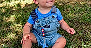 Titan is registered to the contest to win money with this photo: toddler, child, grass, outdoor, blue_overalls, barefoot, smiling, sunlight, fence, tree, nature, daylight, baby, cute, happy, summer, portrait, sitting, clothing, playful