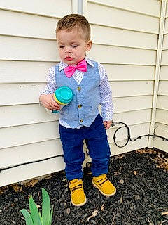 Ramon joined the competition — help win amazing prizes! baby, baby_toddler_clothing, child, clothing, denim, electric_blue, fun, grass, happy, pattern, people_in_nature, person, plant, play, sleeve, sneakers, soil, spring, t_shirt, toddler