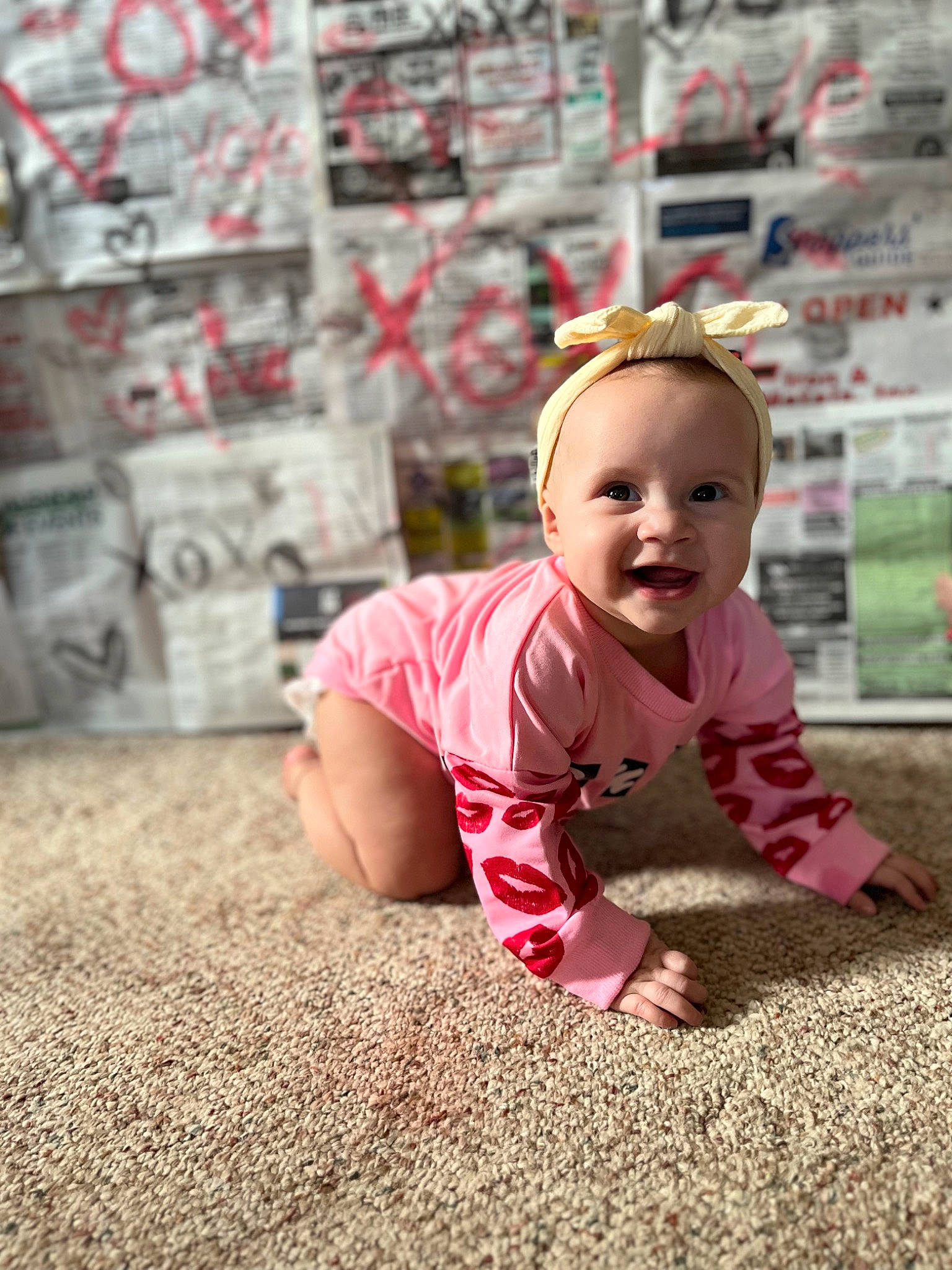 Raelynn joined the competition — help win amazing prizes! baby, baby_toddler_clothing, carpet, child, crawling, flash_photography, flooring, fun, grass, happy, magenta, person, road_surface, sitting, skin, sleeve, smile, soil, t_shirt, toddler
