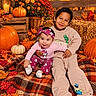 children, baby, toddler, siblings, portrait, smiling, sitting, autumn, fall, pumpkins, lantern, flowers, chrysanthemums, hay_bale, leaves, blanket, outdoor, harvest, colorful, family