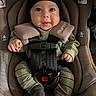 baby, beanie, car_seat, child, clothing, cushion, cute, face, hands, harness, indoor, infant, knitwear, legs, person, safety, seat, smile, straps, young_child