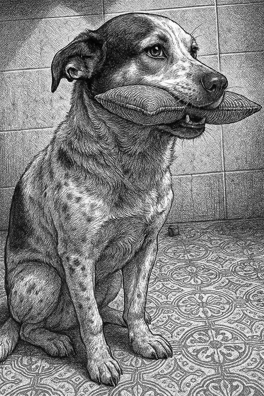 Marley participe au concours pour gagner de l'argent avec cette photo : dog, sketch, black_and_white, sitting, pillow, floor, patterned_floor, tile, wall, detailed, crosshatch, artistic, portrait, pet, animal, fur, indoor, texture, still_life, calm