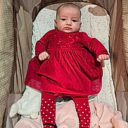 Clélya participe au concours pour gagner de l'argent avec cette photo : baby, infant, red_dress, polka_dot_tights, bassinet, blanket, soft_toys, cushion, indoors, child, cute, portrait, clothing, lying_down, comfortable, head, face, small_hands, baby_girl, calm_expression