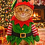 Pumpkin joined the competition — help win amazing prizes! cat, orange_tabby, christmas_elf_costume, holiday, festive, christmas_tree, fireplace, presents, decorations, carpet, indoor, pet, cute, animal, holiday_season, warm_lighting, cozy, red, green, striped_sleeves