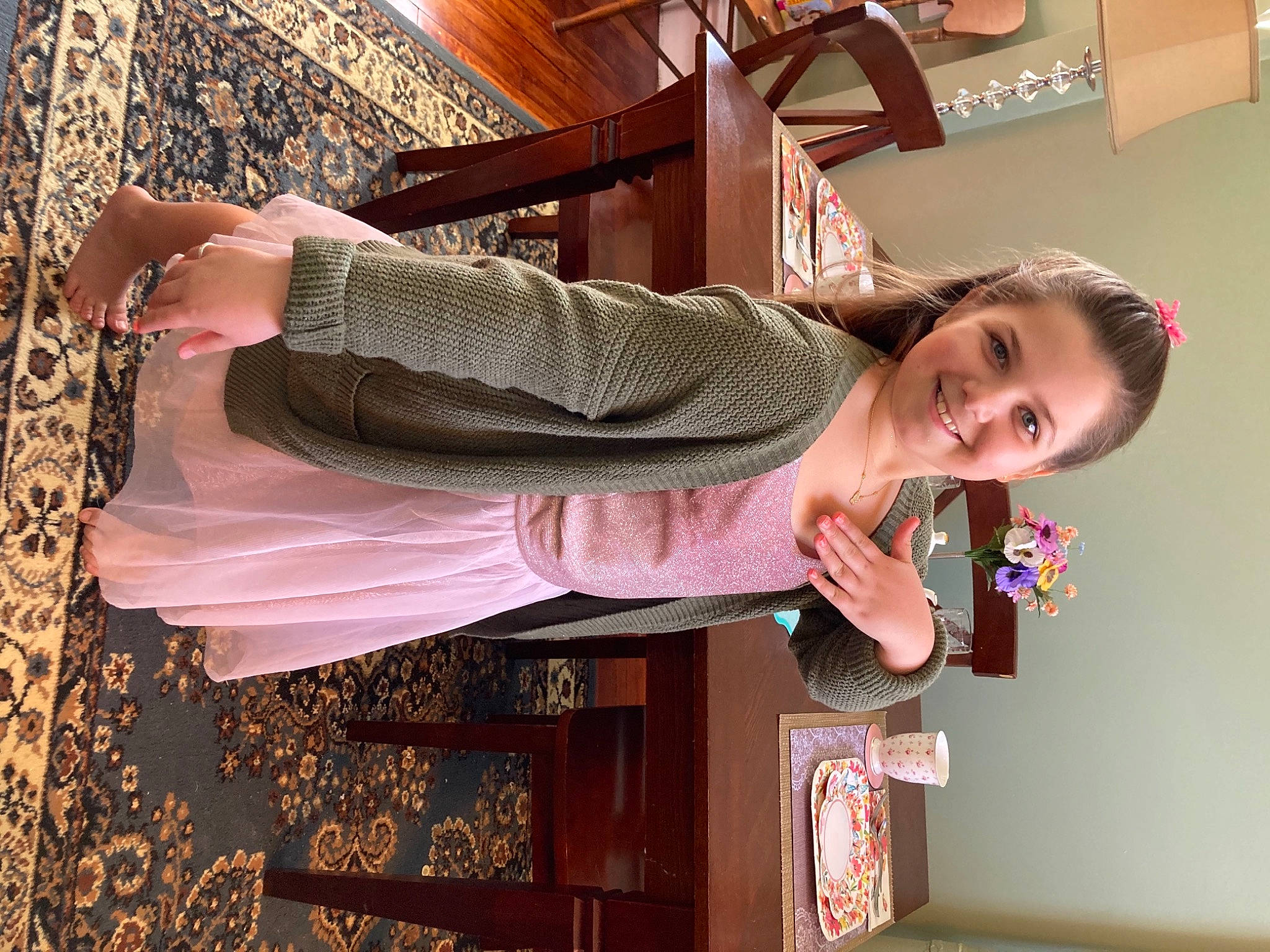 Sophia joined the competition — help win amazing prizes! cocktail_dress, day_dress, fashion_design, fun, happy, hardwood, joy, magenta, pattern, peach, person, pink, room, smile, vintage_clothing, waist, wood, wrist