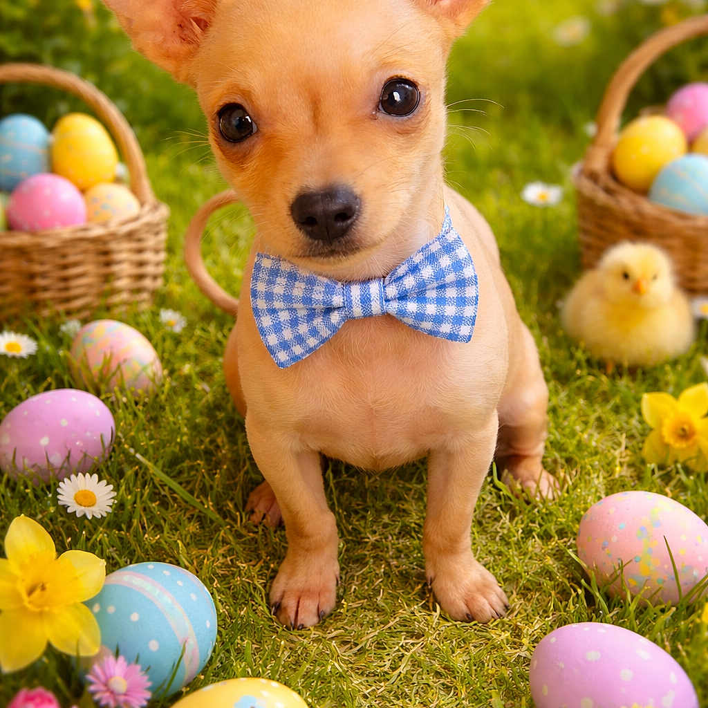 Merlin is registered to the contest to win money with this photo: puppy, dog, bow_tie, grass, easter_eggs, flowers, yellow_chick, basket, spring, cute, outdoor, greenery, tulips, daisies, nature, animal, small_dog, colorful, festive, adorable