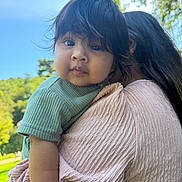 Ishvik is registered to the contest to win money with this photo: baby, child, toddler, infant, portrait, outdoor, garden, park, sky, trees, cuddle, hugging, adult, parent, person, face, hair, sweater, dress, bracelet