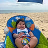 baby, child, infant, smiling, beach, seaside, sand, ocean, umbrella, outdoor, bouncer, baby_chair, colorful, portrait, sitting, barefoot, summer, vacation, toy_pattern, happy