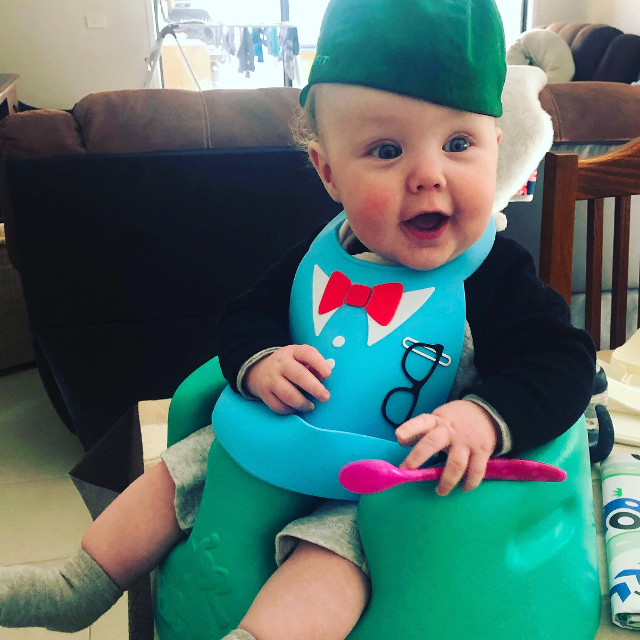 Duncan is registered to the contest to win money with this photo: arm, baby, baby_products, baby_toddler_clothing, chair, child, cool, costume, face, hat, head, headgear, leg, person, play, product, skin, sleeve, toddler