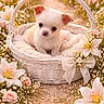 puppy, dog, basket, flower, white, cute, small, outdoor, nature, pathway, soft_light, pet, adorable, wicker, pink, greenery, spring, floral, animal, cozy