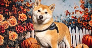 Saëko participe au concours pour gagner de l'argent avec cette photo : dog, shiba_inu, autumn, pumpkins, roses, flowers, white_picket_fence, fall, orange, brown, leaves, pet, canine, portrait, outdoor, seasonal, nature, animal, harvest, floral