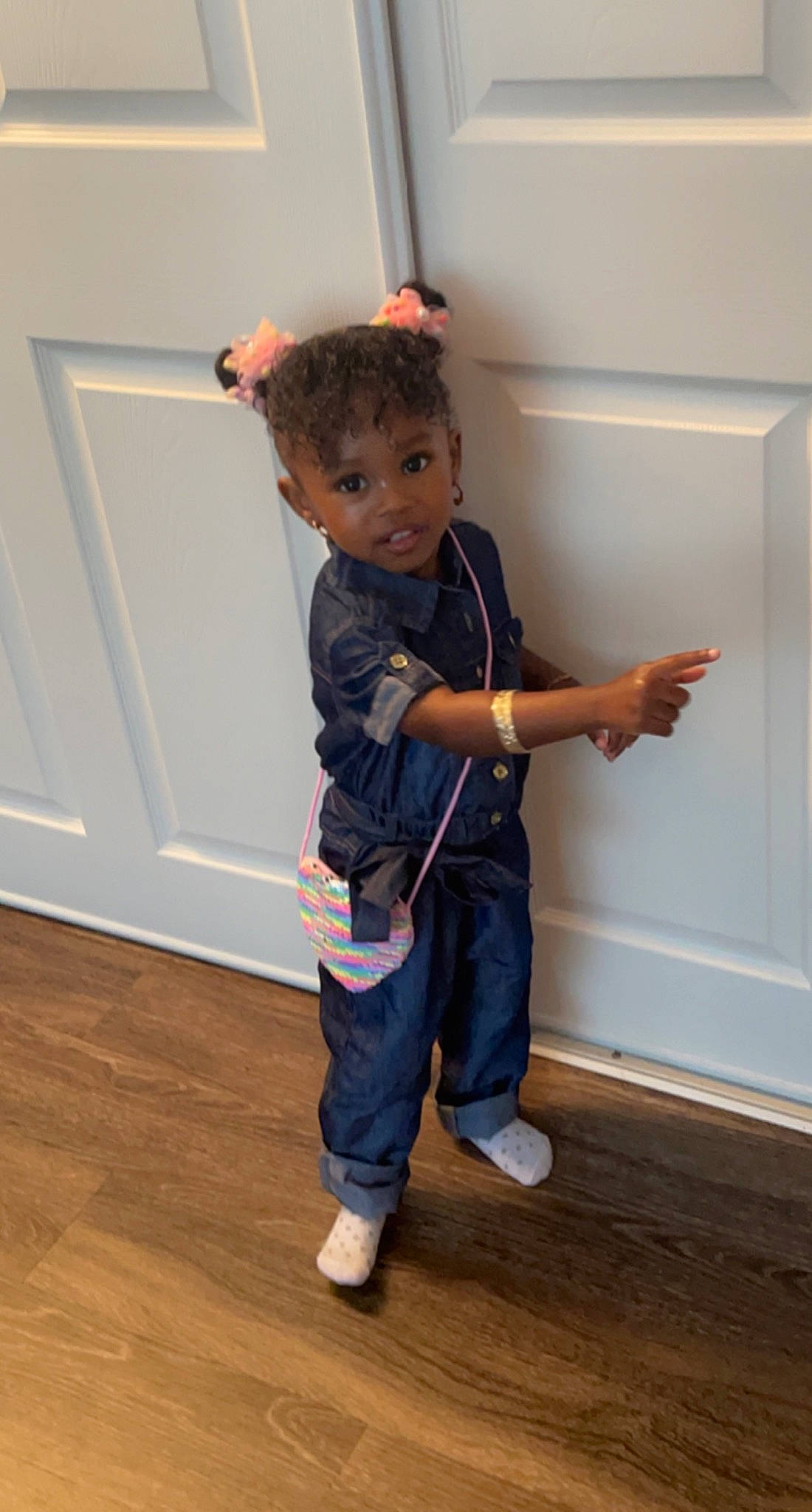 Alayah joined the competition — help win amazing prizes! denim, door, elbow, electric_blue, floor, flooring, gesture, hardwood, laminate_flooring, leg, person, shoulder, sleeve, standing, t_shirt, toddler, varnish, waist, wood, wood_flooring