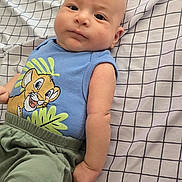 Noah is registered to the contest to win money with this photo: arm, baby, bed, cartoon_print, checkered_pattern, child, clothing, cute, expression, face, indoors, infant, lying_down, pants, person, portrait, sheet, skin, sleeveless_shirt, young