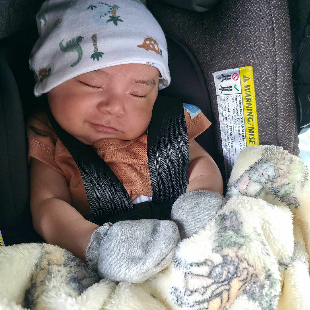 Thiago Alexander is registered to the contest to win money with this photo: baby, blanket, car_seat, child, closeup, comfort, cozy, cute, evenflo, hat, indoors, infant, mittens, patterned_blanket, peaceful, portrait, resting, safety_belt, sleeping, soft