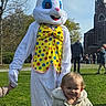Eva a rejoint le concours — aidez-le/la à gagner de superbes lots ! bow_tie, celebration, child, church, costume, crowd, daylight, easter_bunny, event, fun, grass, holding_hands, jacket, outdoor, person, polka_dot, smile, sunny, toddler, tree