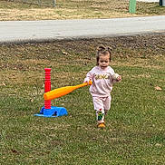 Jerzzie is registered to the contest to win money with this photo: child, grass, baseball_bat, baseball, tee_ball, play, outdoor, clothing, sweatshirt, pants, toy, sport, game, green_grass, suburban, road, fence, person, young_child, casual
