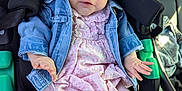 Inayah is registered to the contest to win money with this photo: baby, child, car_seat, denim_jacket, pink_dress, sleeping, infant, seat_belt, car_interior, child_safety, cute, young_child, sunlight, peaceful, clothing, person, portrait, seat, hands, legs