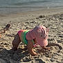 toddler, child, beach, sand, swimsuit, hat, pink, rainbow, ocean, waves, sunlight, summer, outdoor, play, fun, baby, vacation, sunhat, crawling, water