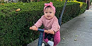 Hailey joined the competition — help win amazing prizes! baby, child, tricycle, sidewalk, hedge, greenery, pink_headband, pink_clothing, outdoor, residential_area, cute, happy, person, toy, vehicle, daytime, playful, smiling, footwear, urban