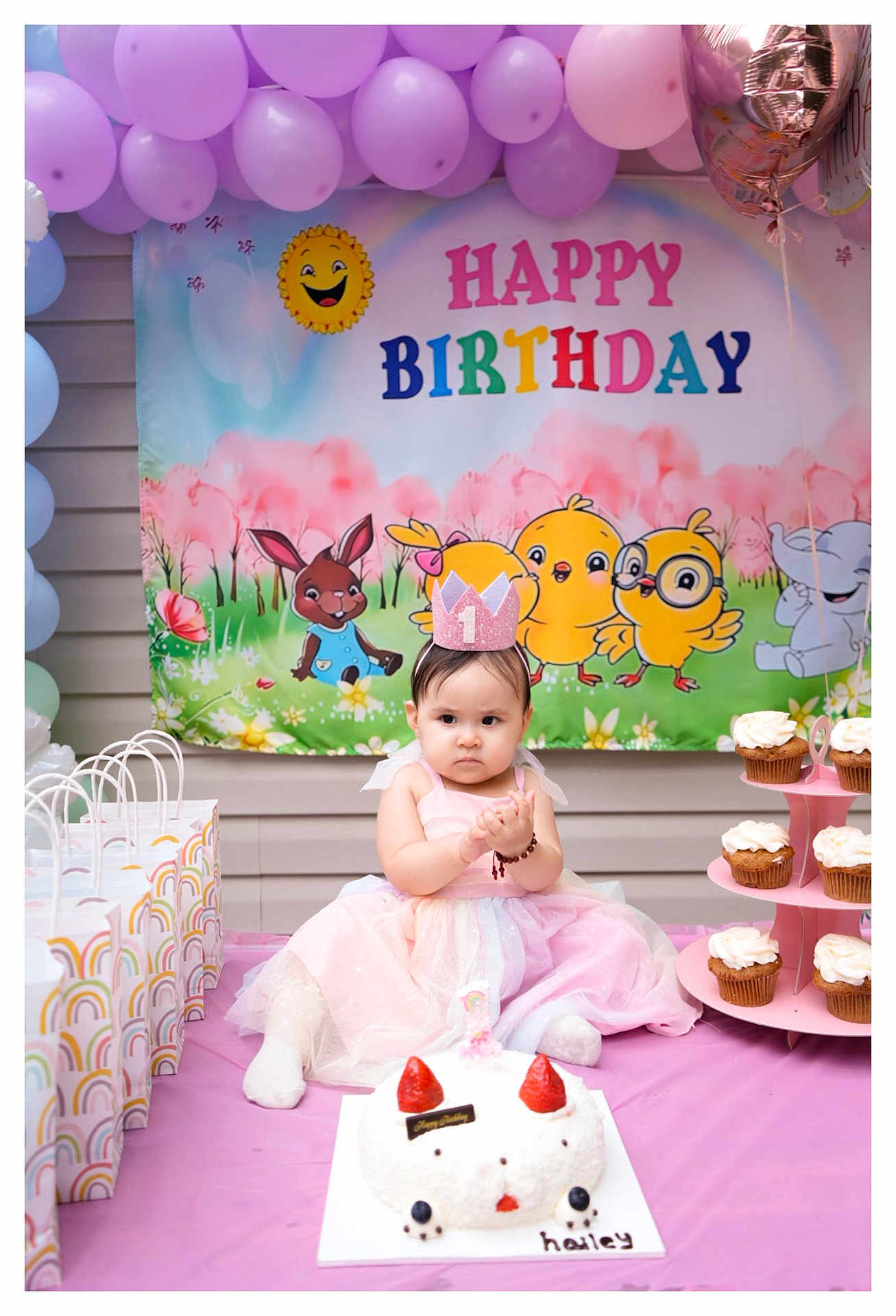 Hailey joined the competition — help win amazing prizes! baby, birthday, cake, cupcakes, party, pink, crown, dress, table, balloons, gifts, celebration, child, face, smile, indoor, decorations, food, happy, toddler