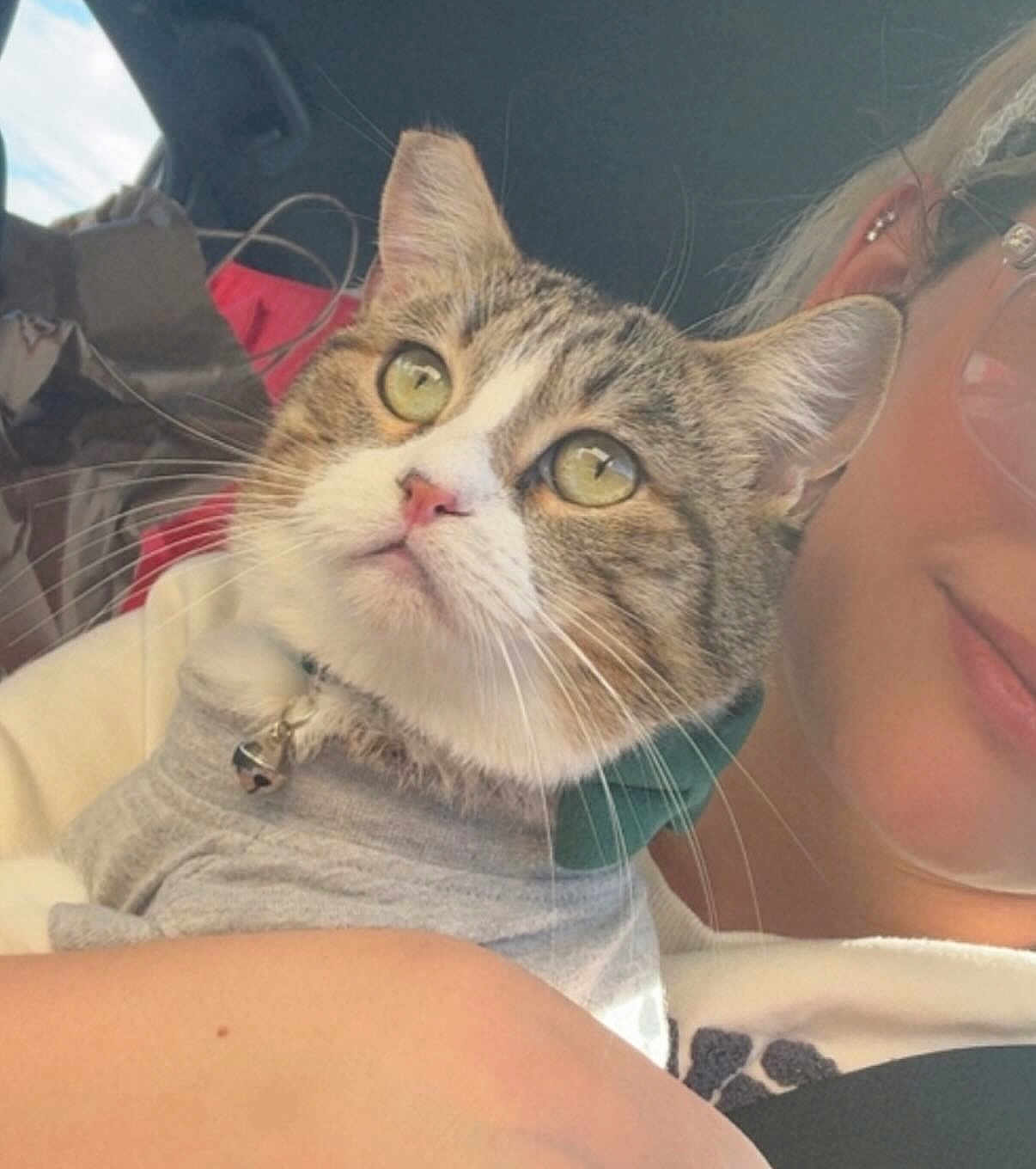 Dean Winchester is registered to the contest to win money with this photo: cat, person, glasses, indoor, car, pet, closeup, holding, clothing, bell_collar, tabby_cat, whiskers, earrings, smile, seatbelt, red_bag, window, sunlight, casual, portrait