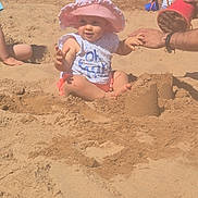 Freya joined the competition — help win amazing prizes! baby, child, sand, beach, sunhat, bucket, sandcastle, playing, summer, outdoor, sunshine, people, hand, clothing, sand_toys, fun, vacation, family, relaxation, happy