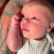 William joined the competition — help win amazing prizes! baby, newborn, infant, tattoo, arm, white_clothing, portrait, closeup, skin, person, young_child, resting, curious, indoors, human, baby_girl, baby_boy, cute, soft_lighting, casual