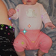 Lily joined the competition — help win amazing prizes! baby, infant, pink_pants, white_onesie, cat_print, blanket, sparkles, cute, child, lying_down, soft_texture, indoors, skin, foot, hand, face, expressionless, cozy, clothing, newborn