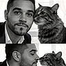 man, cat, tabby_cat, black_and_white, portrait, close_up, face, affection, love, animal, pet, human, nose_to_nose, intimate, collage, indoor, gentle, whiskers, beard, curtains